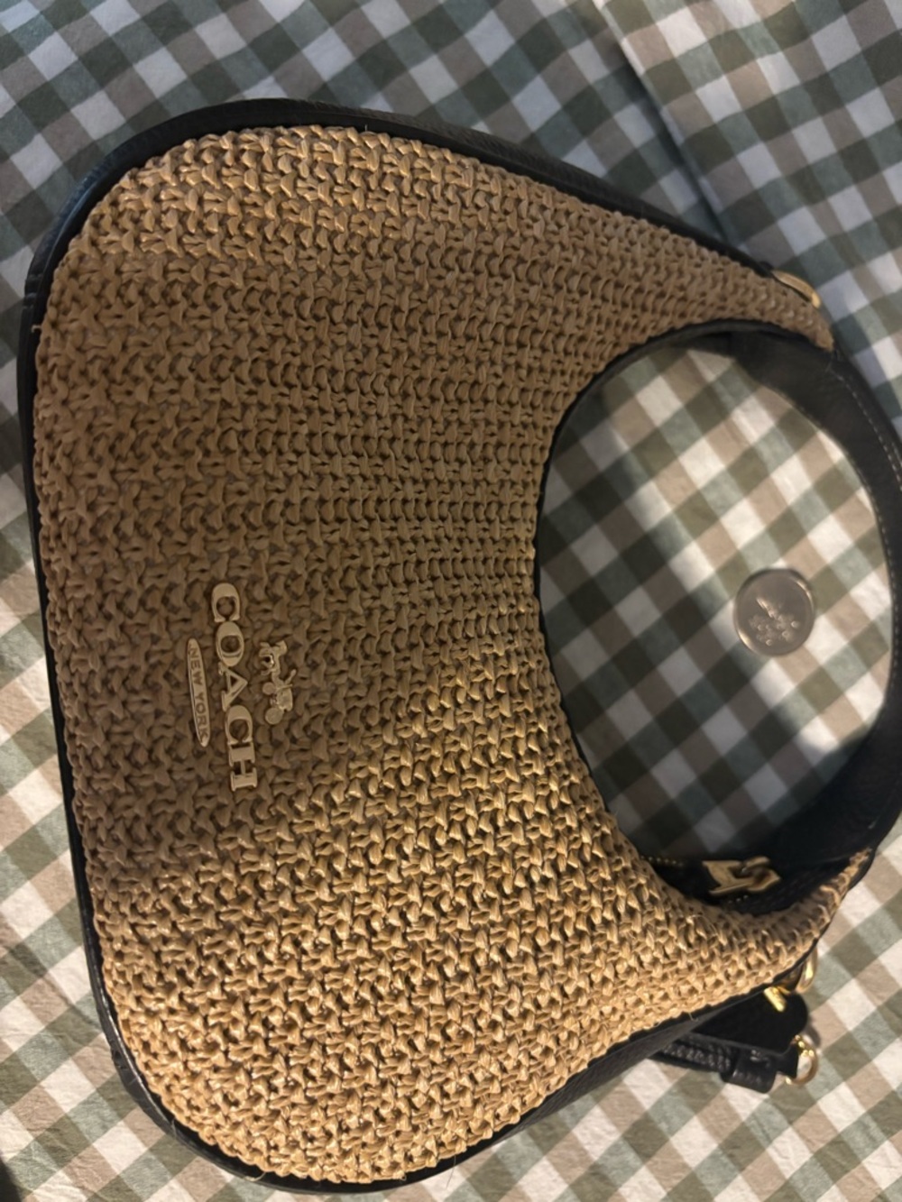 Coach Straw and Black Leather Crossbody Bag with Gold Chain - Picture 5 of 9